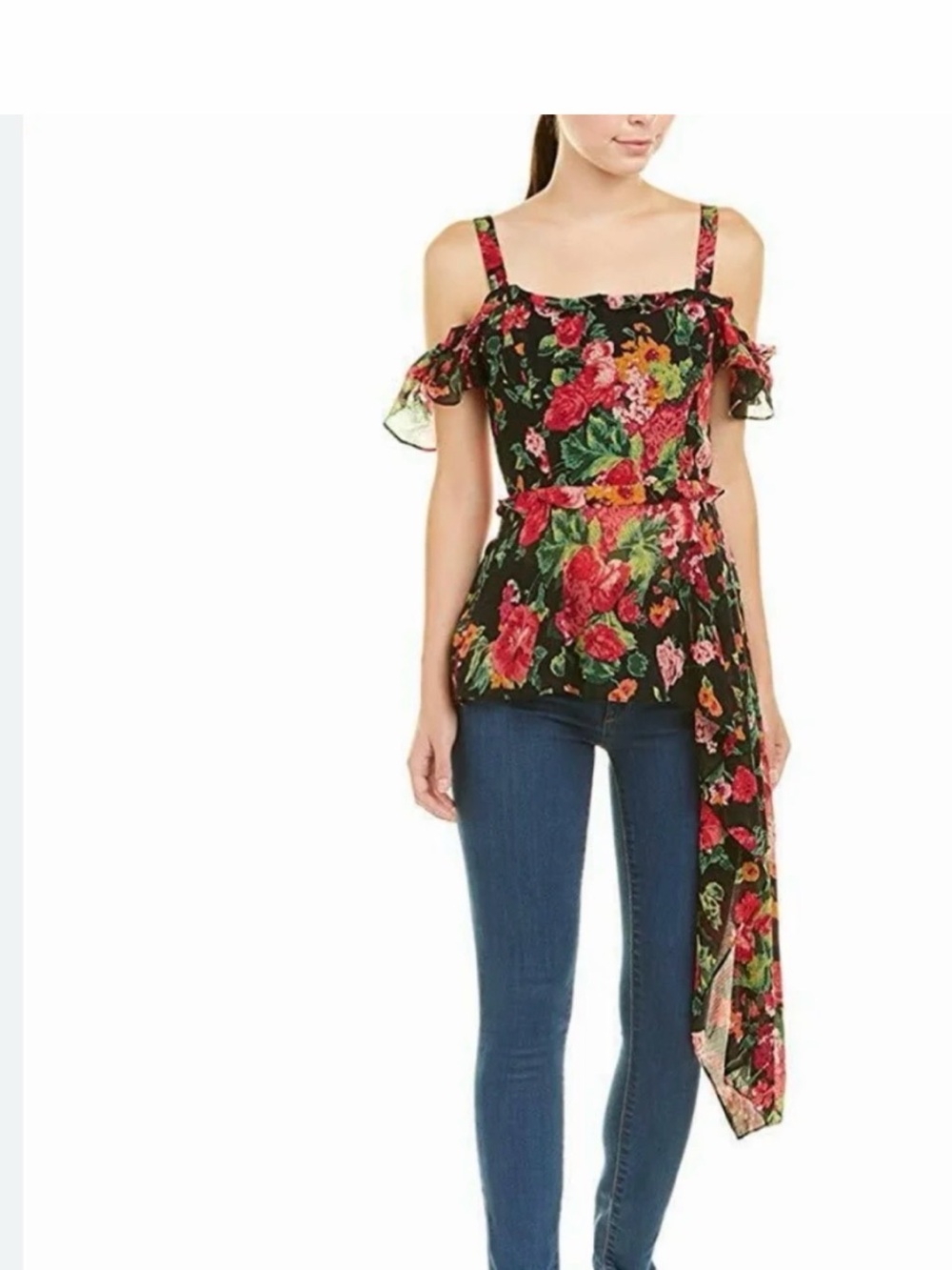BCBGMaxAzria Black Floral Cold-Shoulder Asymmetric Ruffle Top